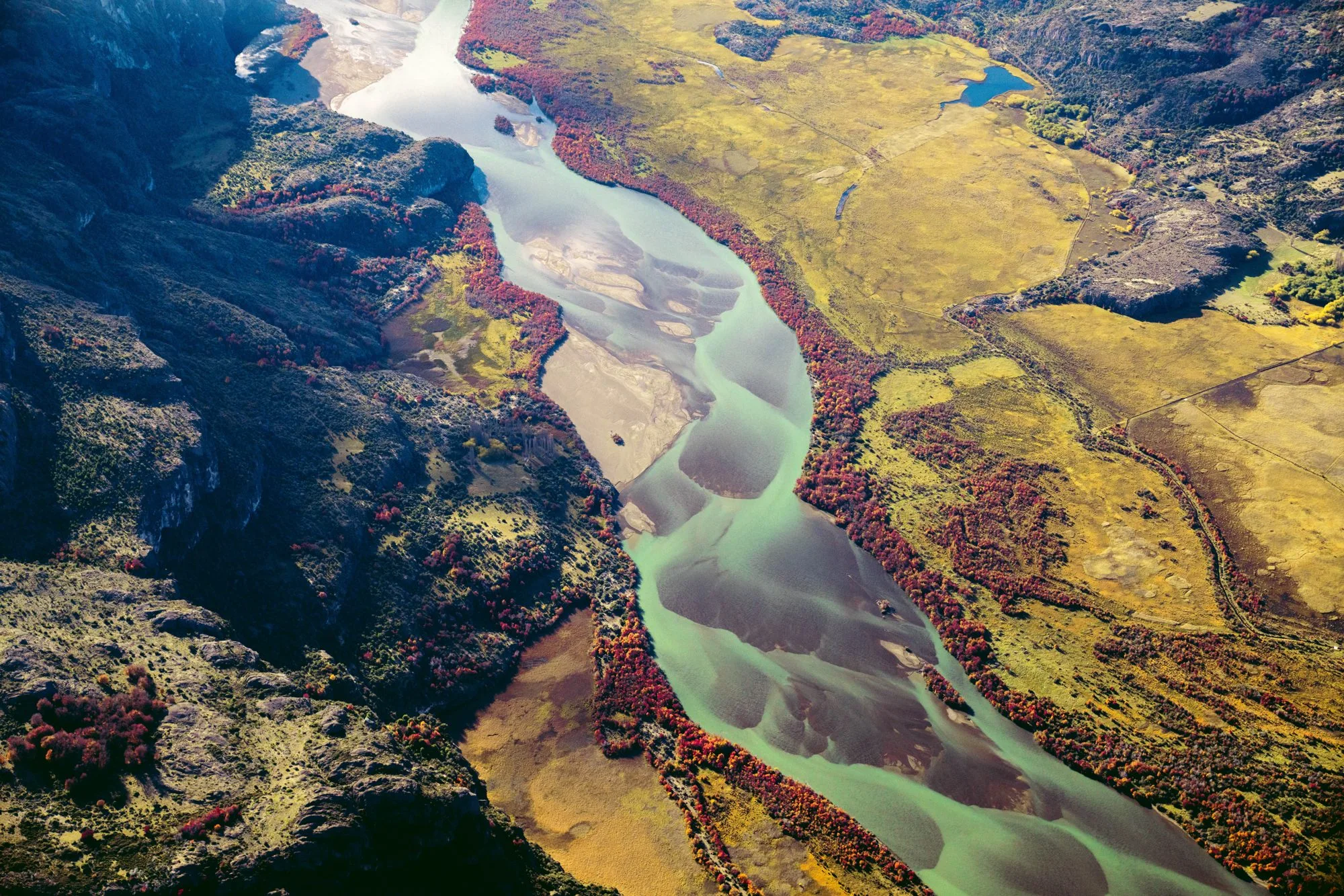 Aerial view of a braided glacial river