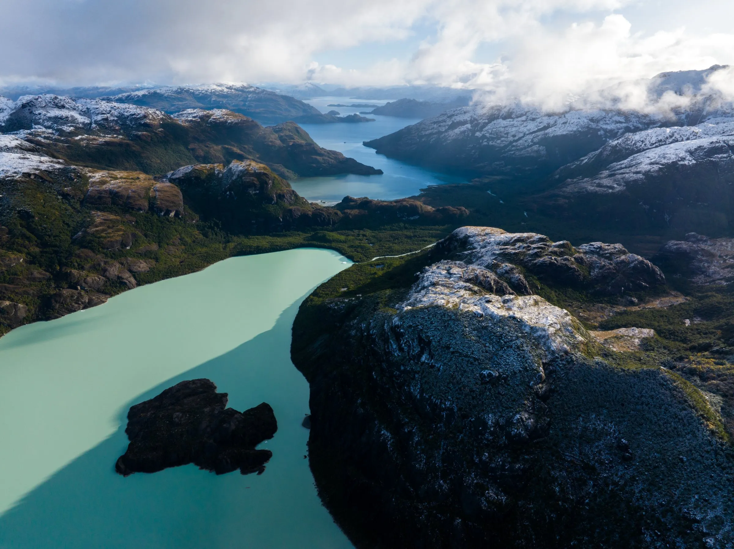 Turquoise glacial fjords of Chilean Patagonia seen from the air